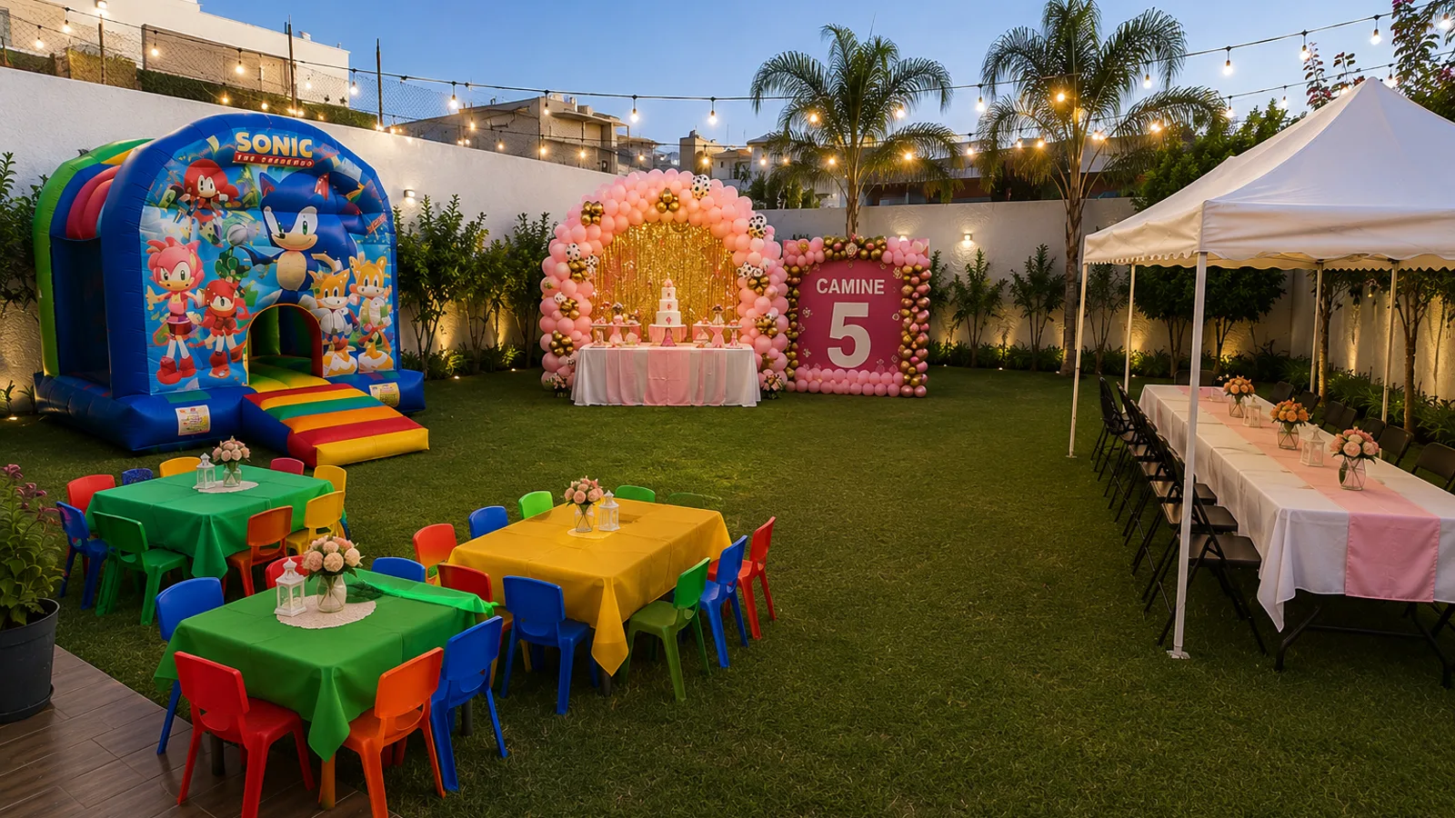 El mismo patio montado: fiesta temática de Sonic con brincolín, mesas infantiles, mesa de dulces, toldo y luces
