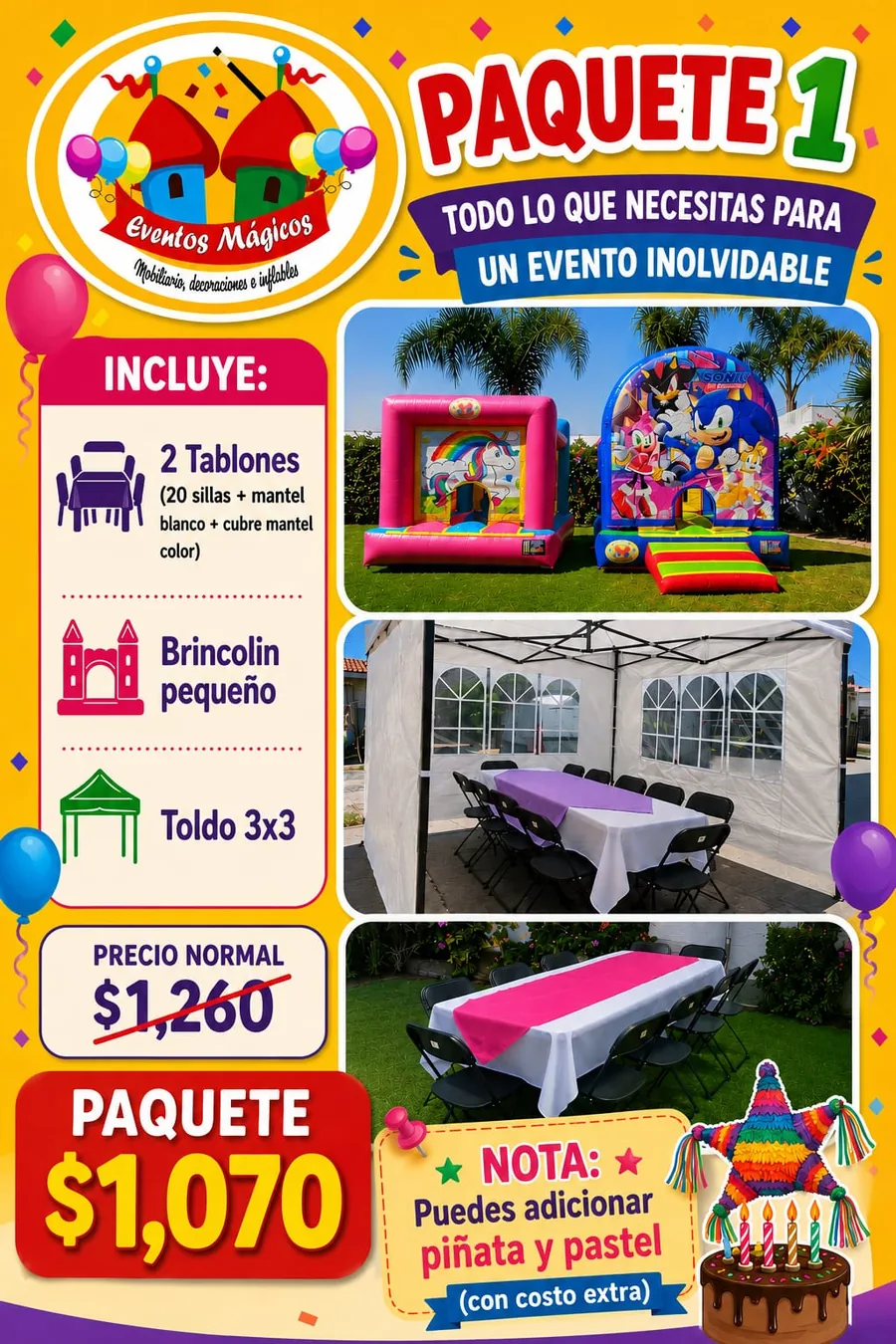 Paquete 1 — 2 tablones, 20 sillas, mantelería, brincolín pequeño y toldo 3×3. Precio $1,070 (normal $1,260).