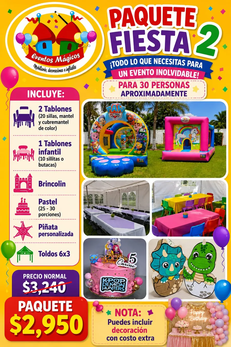 Paquete Fiesta 2 — mobiliario para 30 personas, brincolín, pastel de 25–30 porciones, piñata y toldo 6×3. Precio $2,950 (normal $3,240).