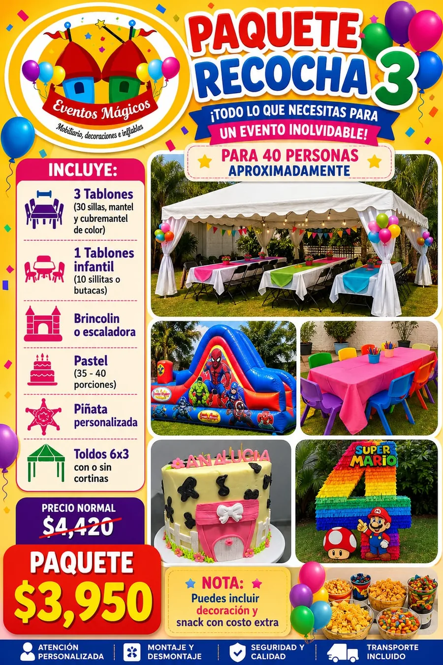 Paquete Recocha 3 — mobiliario familiar e infantil, brincolín o escaladora, pastel de 35–40 porciones, piñata y toldo 6×3. Precio $3,950 (normal $4,420).