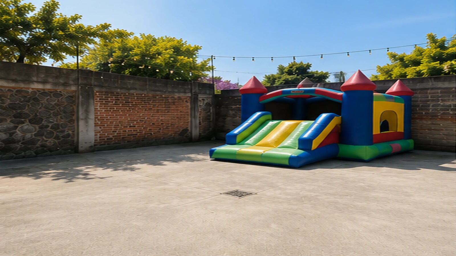Patio con brincolín instalado para fiesta infantil