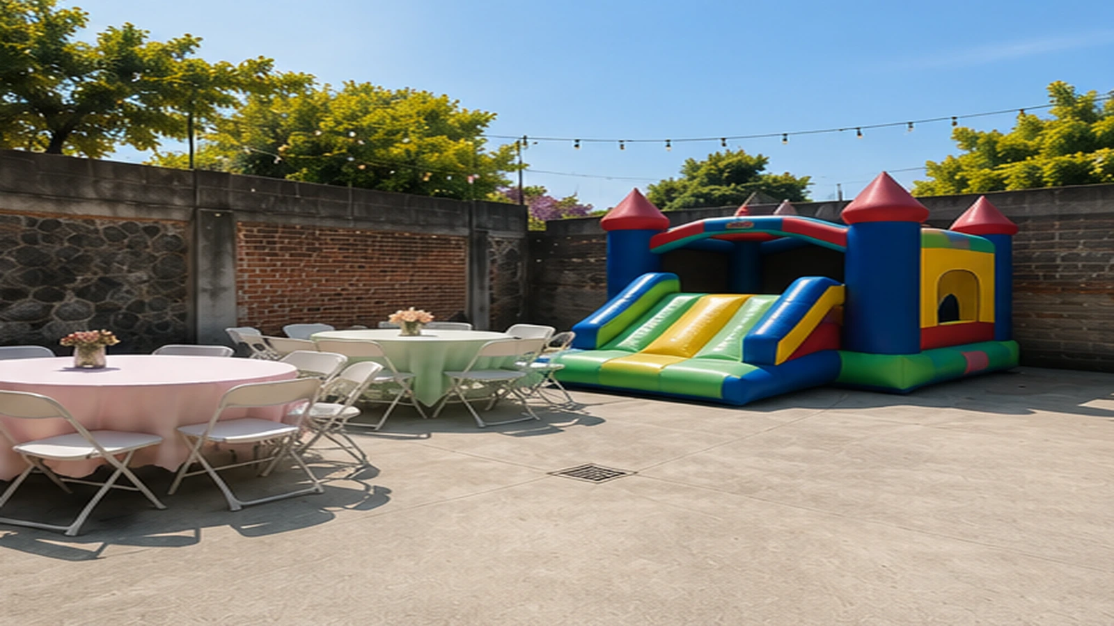 Patio con brincolín, mesas y sillas para evento infantil