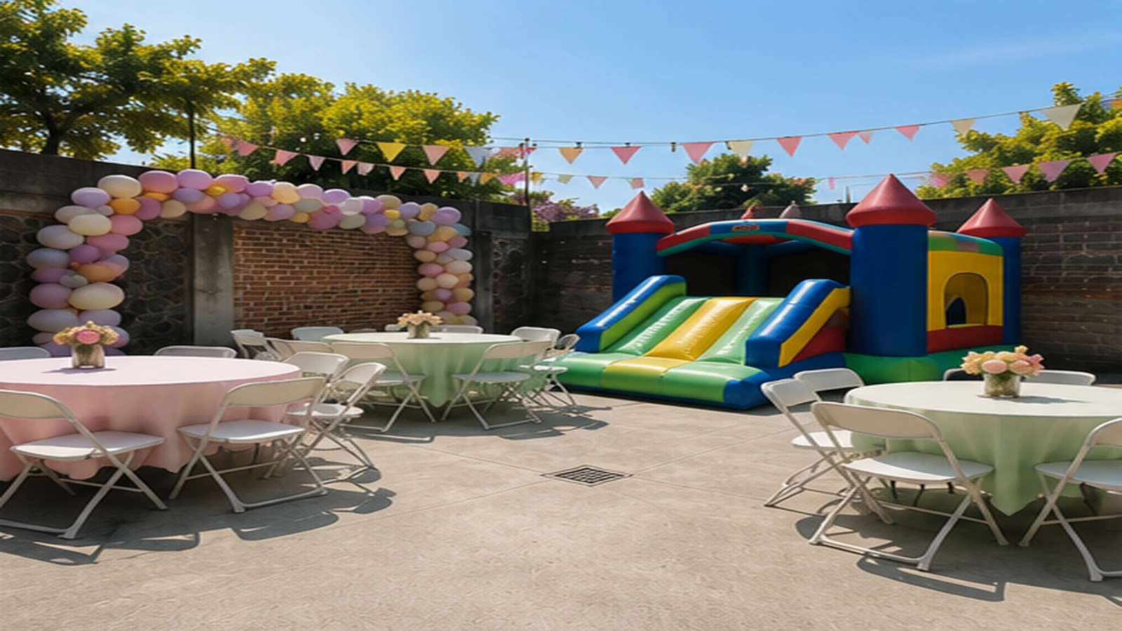 Patio decorado con globos y banderines para fiesta infantil