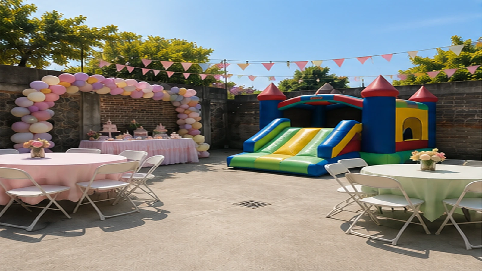 Fiesta infantil con mesa de dulces y decoración
