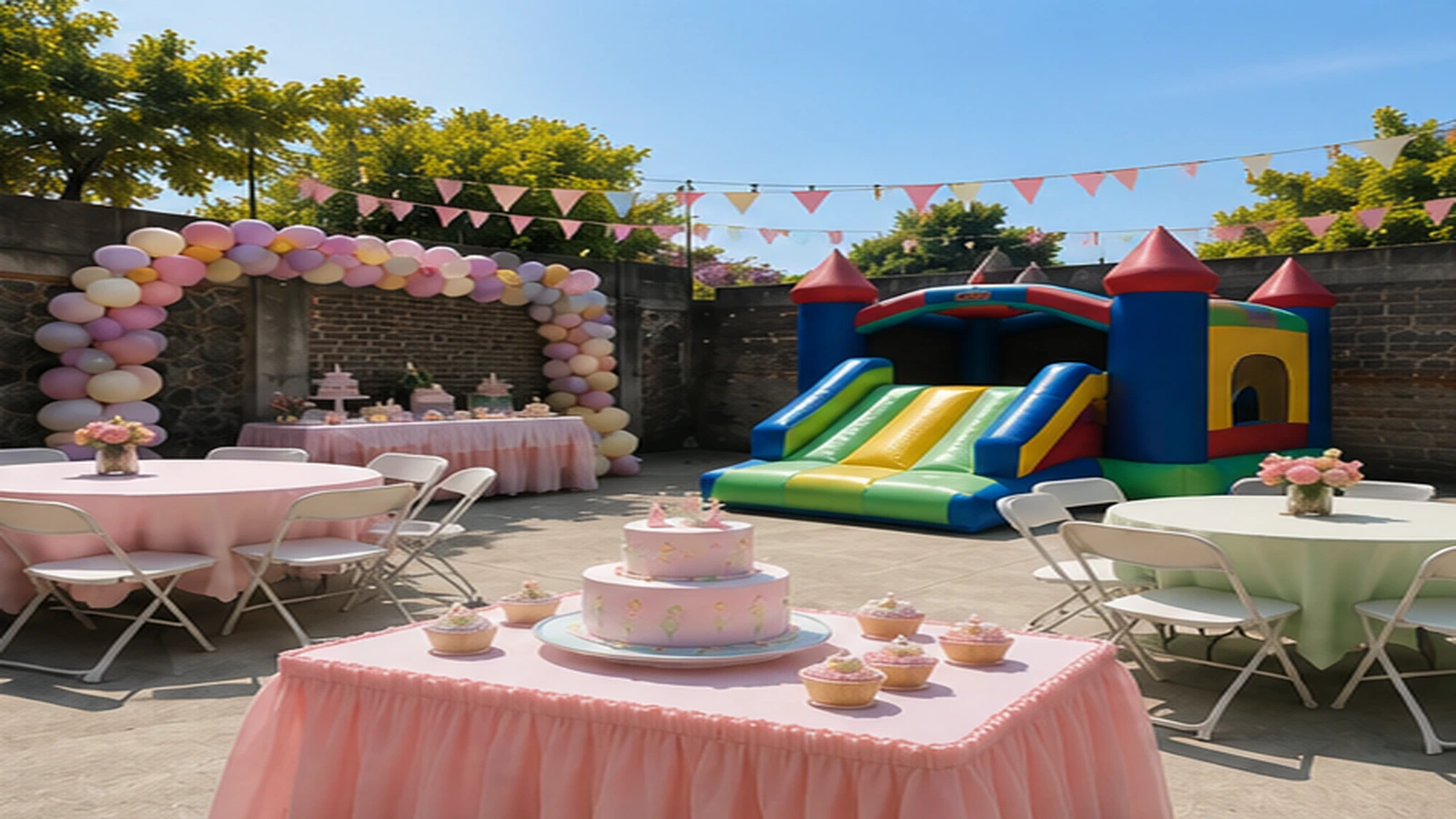 Fiesta infantil completa con pastel, brincolín, mesas y decoración